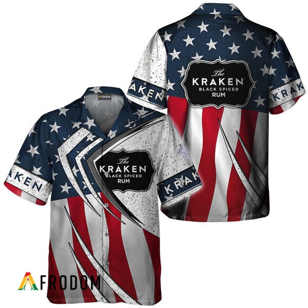 Kraken Rum American Flag 3d Hawaiian Shirts, Kraken Rum Fourth Of July Aloha Shirt, Kraken Rum Logo Us Flag Button Down Hawaiian Shirt