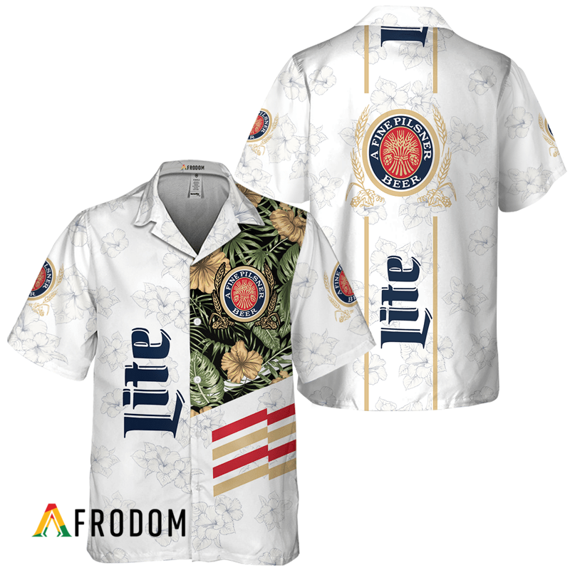 Miller Lite Beer White Tropical Flower Hawaiian Shirt, Miller Lite Beer Logo Print Aloha Shirt, Miller Lite Button Down Short Sleeve Shirt