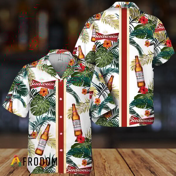 Tropical Floral Budweiser Beer Stripe Hawaiian Shirt, Budweiser Beer Summer Aloha Shirts, Budweiser Beer Button Down Short Sleeve Shirt
