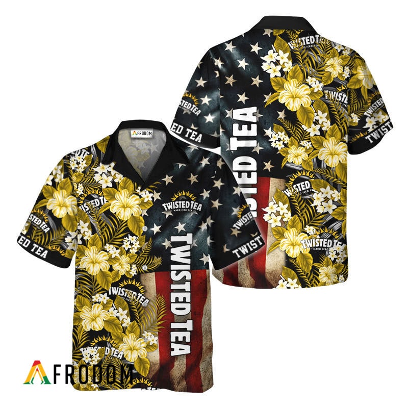 Tropical Flower Twisted Tea American Flag Hawaiian Shirt, Twisted Tea Retro Usa Flag Aloha Shirts, Twisted Tea Button Down Hawaiian Shirt