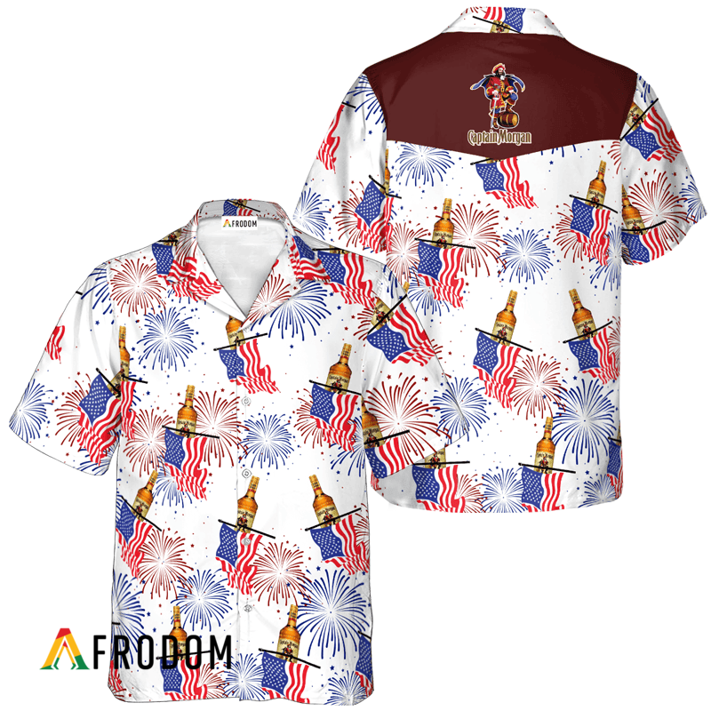 Captain Morgan American Flag Fireworks Hawaiian Shirt, Captain Morgan Independence Day Aloha Shirts, Captain Morgan 4th Of July Hawaiian Shirt