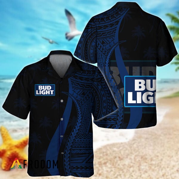 Blue Polynesian Bud Light Beer Hawaiian Shirt, Polynesian Tribal Bud Light Button Down Aloha Shirt, Bud Light Logo Polynesian Hawaiian Shirt