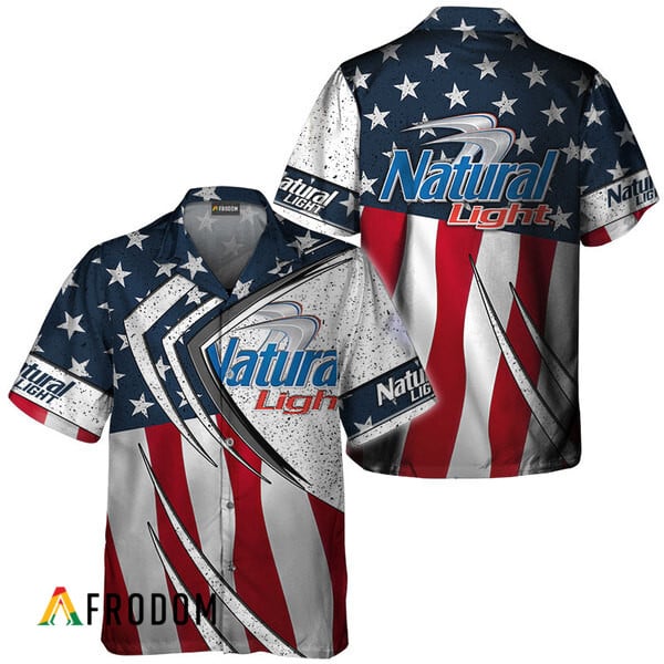 Natural Light American Flag 3d Hawaiian Shirts, Natural Light Fourth Of July Aloha Shirt, Natural Light Logo Us Flag Button Down Hawaiian Shirt