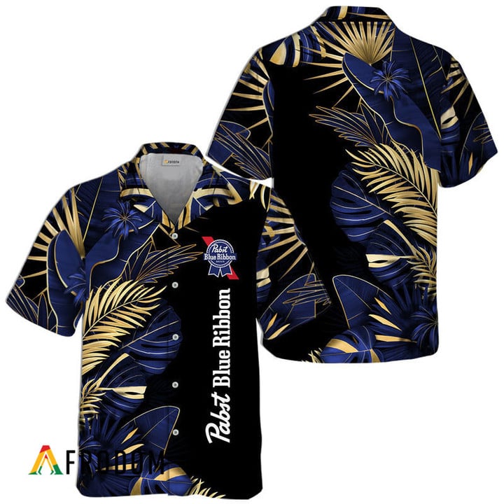 Tropical Palm Leaves Pabst Blue Ribbon Hawaiian Shirt, Pbr Beer Tropical Leaves Aloha Summer Shirt, Pabst Blue Ribbon Button Down Hawaiian Shirt
