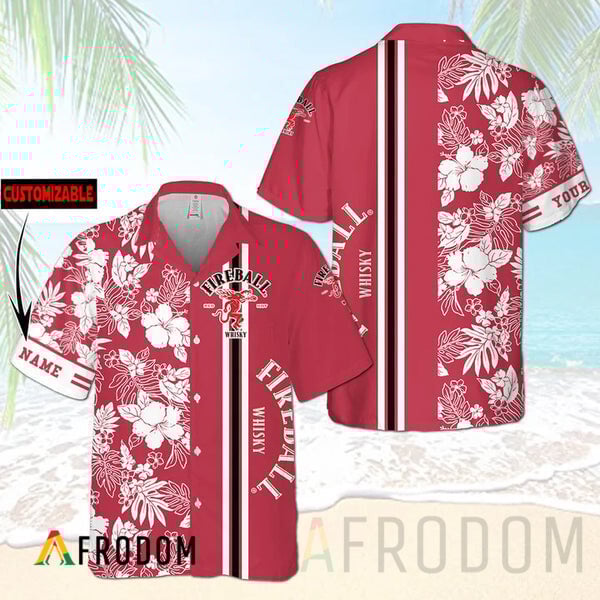 Personalized Tropical Flowers Fireball Whisky Stripe Hawaiian Shirt, Fireball Whisky Aloha Shirts, Fireball Whisky Short Sleeve Hawaiian Shirt