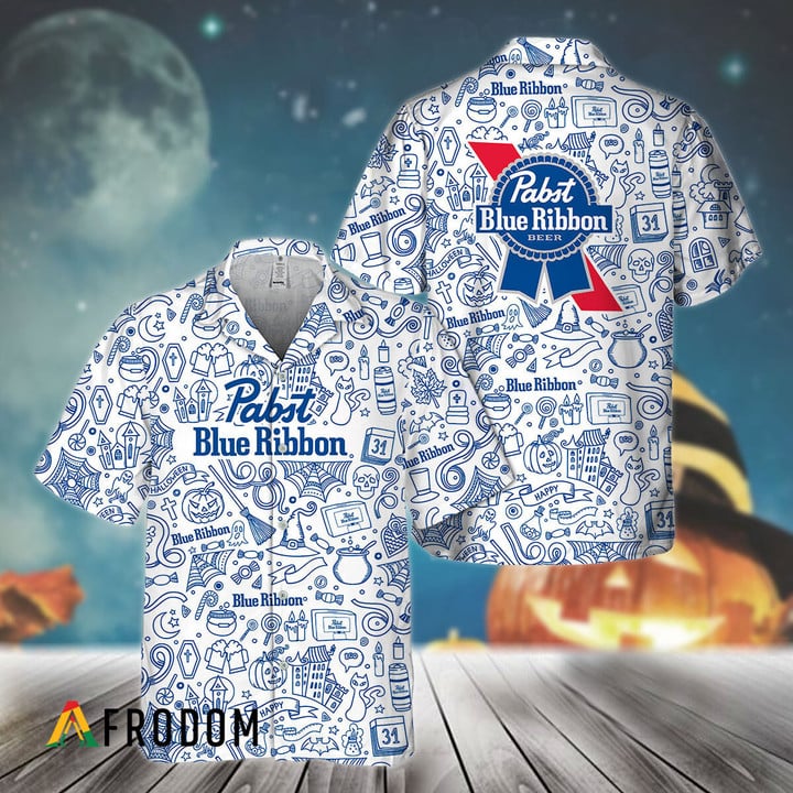 Doodle Art Pabst Blue Ribbon Hawaiian Shirt, Pabst Blue Ribbon Logo Doodle Art Button Down Shirt, Pbr Beer Doodle Art Summer Hawaiian Shirt