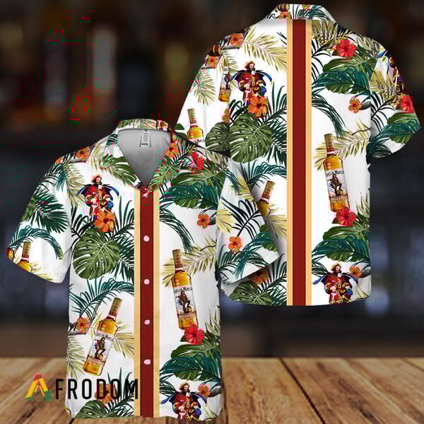 Tropical Floral Captain Morgan Stripe Hawaiian Shirt, Captain Morgan Rum Summer Aloha Shirts, Captain Morgan Button Down Short Sleeve Shirt