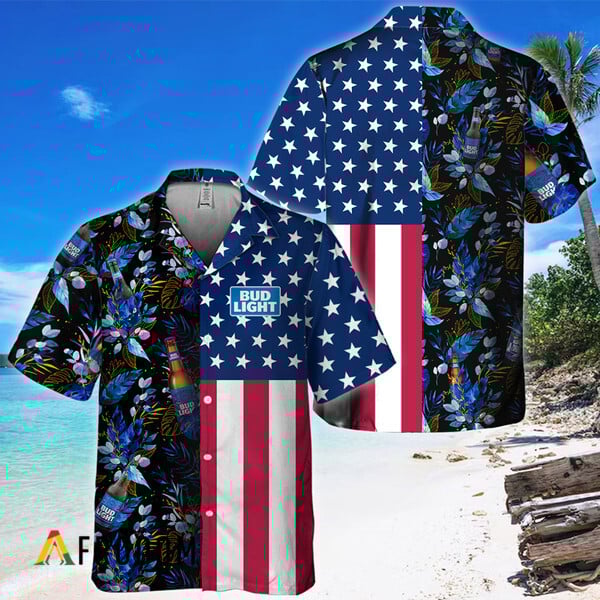 Bud Light Beer Us Flag Tropical Flowers Hawaiian Shirt, Bud Light American Flag Aloha Shirts, Bud Light Beer Button Down Hawaiian Shirt