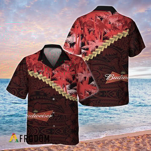 Red Palm Tree Blend Polynesian Budweiser Hawaiian Shirt, Budweiser Beer Button Down Aloha Shirt, Budweiser Logo Polynesian Hawaiian Shirt