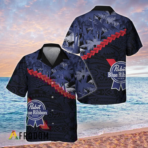 Blue Palm Tree Blend Polynesian Pabst Blue Ribbon Hawaiian Shirt, Pabst Blue Ribbon Button Down Aloha Shirt, Pbr Logo Polynesian Hawaiian Shirt