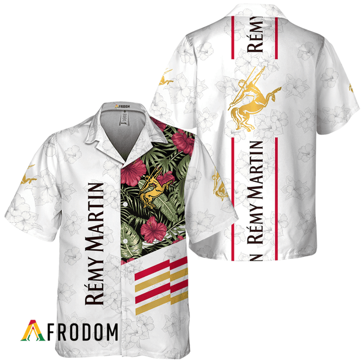 Remy Martin White Tropical Flower Hawaiian Shirt, Remy Martin Logo Print Aloha Shirt, Remy Martin Button Down Short Sleeve Shirt