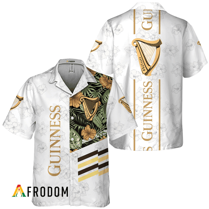 Guinness Beer White Tropical Flower Hawaiian Shirt, Guinness Beer Logo Print Aloha Shirts, Guinness Button Down Short Sleeve Hawaiian Shirt