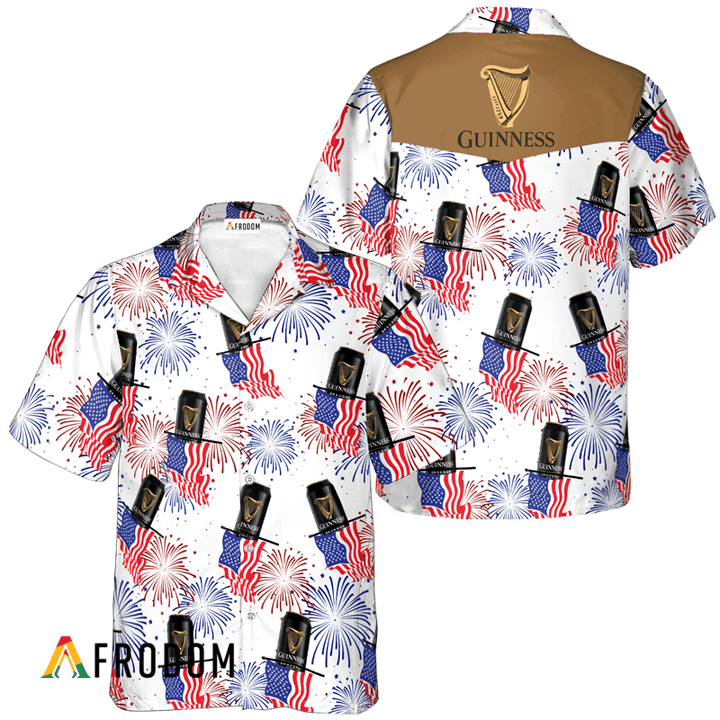 Guinness Beer American Flag Fireworks Hawaiian Shirt, Guinness Beer Independence Day Aloha Shirts, Guinness Beer 4th Of July Hawaiian Shirt
