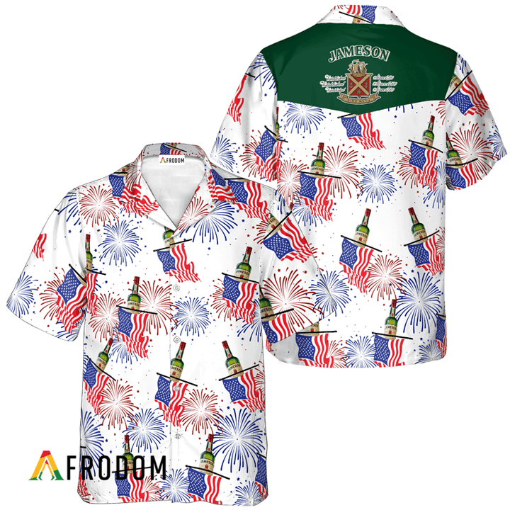 Jameson Whiskey American Flag Fireworks Hawaiian Shirt, Jameson Whiskey Independence Day Aloha Shirt, Jameson Whiskey 4th Of July Hawaiian Shirt