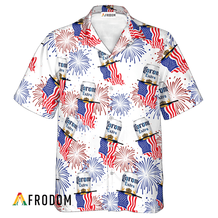Corona Extra Beer American Flag Fireworks Hawaiian Shirt, Corona Extra Independence Day Aloha Shirts, Corona Extra 4th Of July Hawaiian Shirt