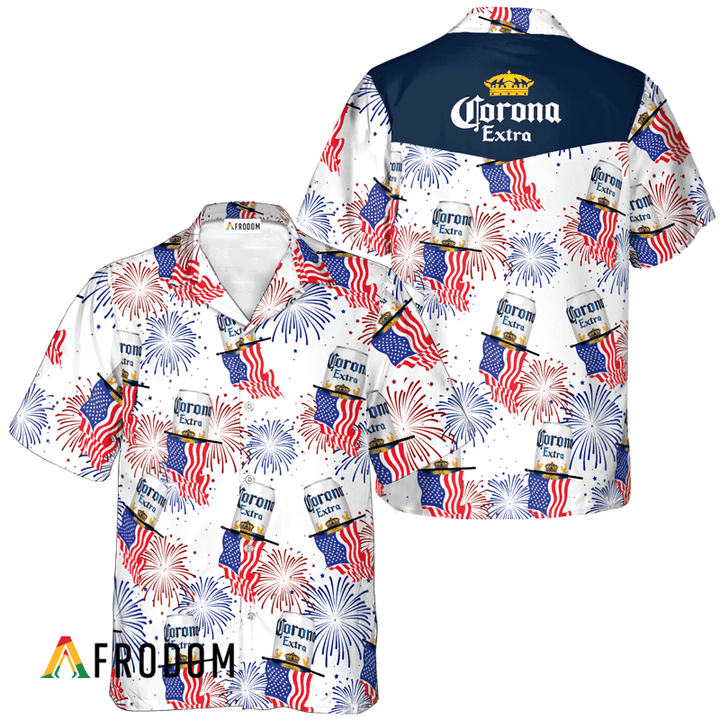 Corona Extra Beer American Flag Fireworks Hawaiian Shirt, Corona Extra Independence Day Aloha Shirts, Corona Extra 4th Of July Hawaiian Shirt