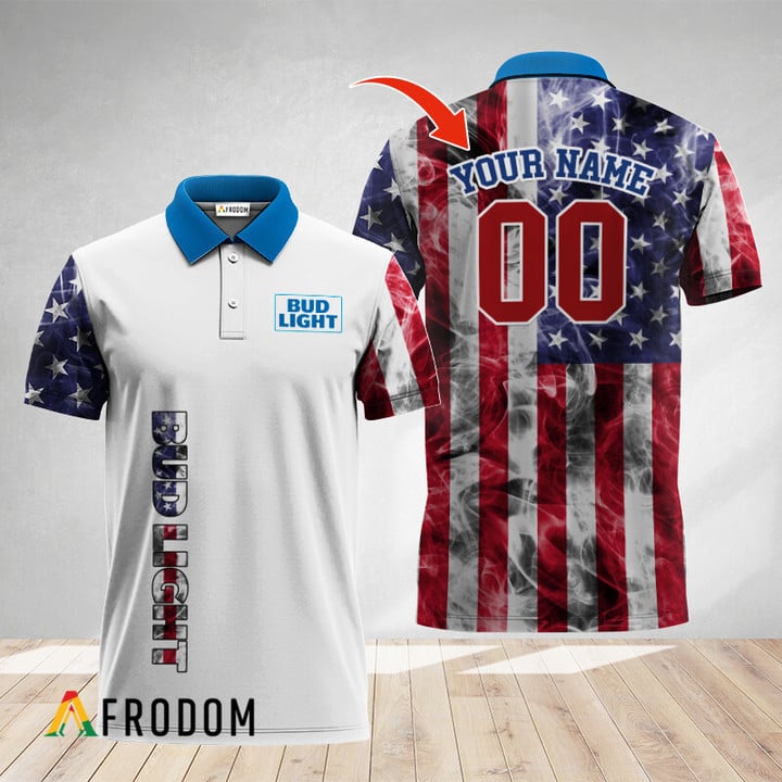 Personalized Bud Light Us Flag Smoke Polo Shirt, Bud Light Fourth Of July Polo Shirt, Bud Light Beer 3d Men's Polo Shirt