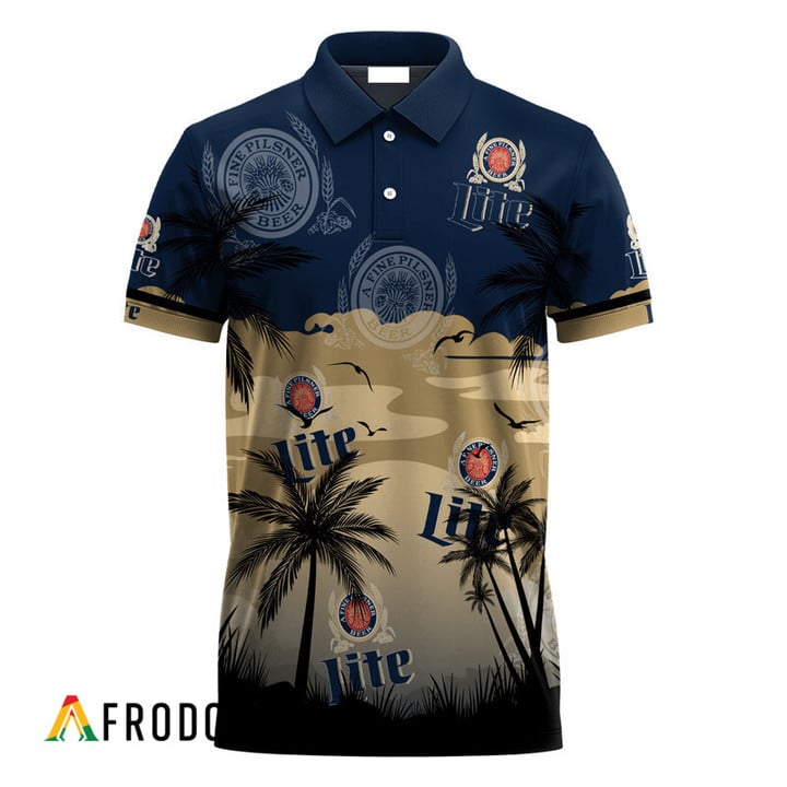 Miller Lite Beer Coconut Trees 3d Men's Polo Shirt, Miller Lite All Over Printed 3d Polo Shirt, Tropical Palm Miller Lite Beer Polo Shirt