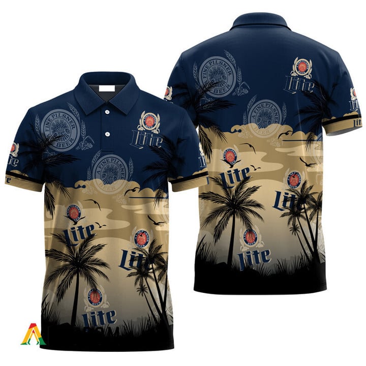 Miller Lite Beer Coconut Trees 3d Men's Polo Shirt, Miller Lite All Over Printed 3d Polo Shirt, Tropical Palm Miller Lite Beer Polo Shirt
