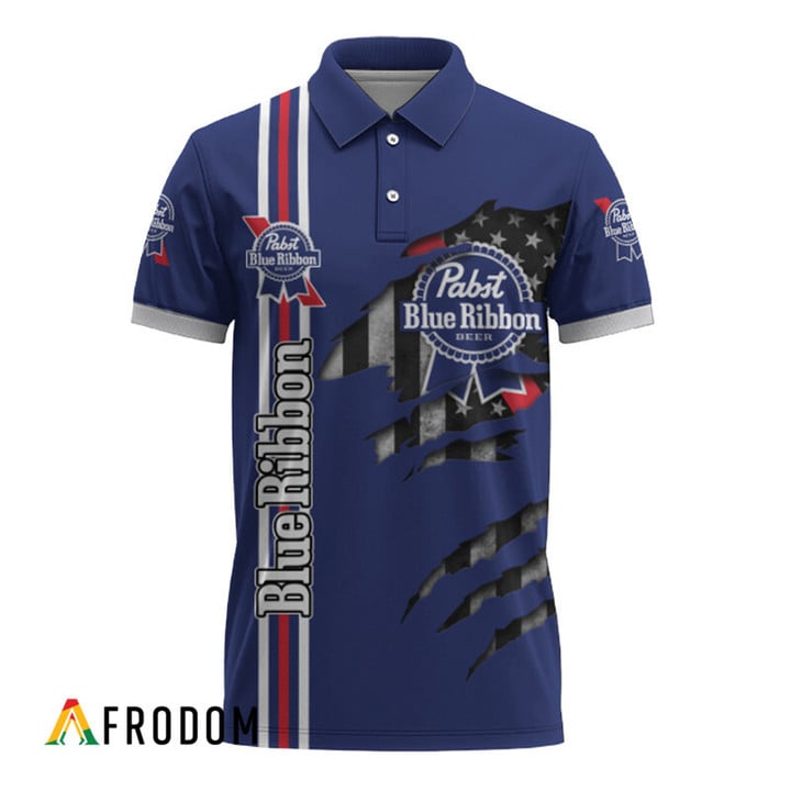 Personalized Pabst Blue Ribbon Us Flag 3d Ripped Polo Shirt, Pabst Blue Ribbon Patriotic Polo Shirt, Pabst Blue Ribbon 3d Men's Polo Shirt