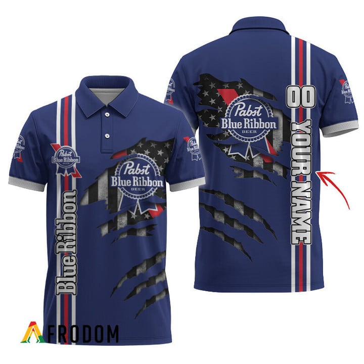 Personalized Pabst Blue Ribbon Us Flag 3d Ripped Polo Shirt, Pabst Blue Ribbon Patriotic Polo Shirt, Pabst Blue Ribbon 3d Men's Polo Shirt