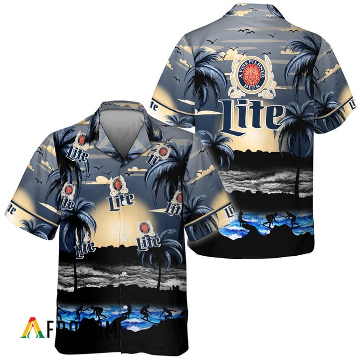 Miller Lite Tropical Beach Surf Palm Tree Hawaiian Shirt, Miller Lite Beer Sunset Aloha Shirts, Miller Lite Button Down Short Sleeve Shirt