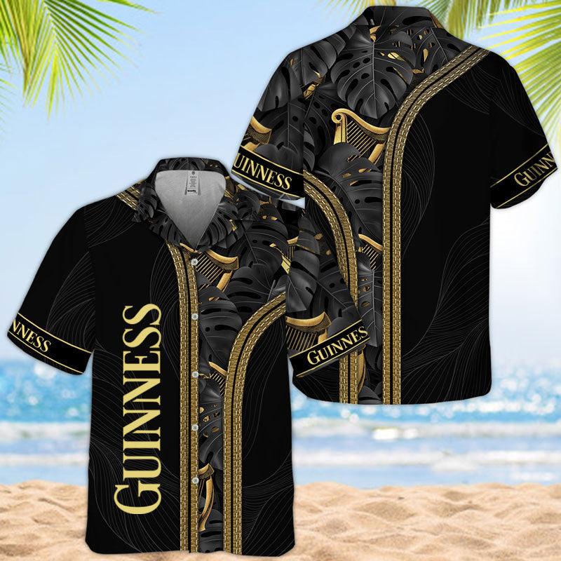 Guinness Beer Black Monstera Leaf Hawaiian Shirt, Black Guinness Tropical Summer Aloha Shirts, Black Golden Tropical Guinness Button Down Shirts