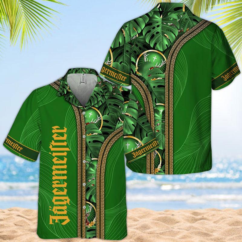 Jagermeister Green Monstera Leaf Hawaiian Shirt, Green Jagermeister Tropical Summer Aloha Shirts, Tropical Inside Jagermeister Button Down Shirts