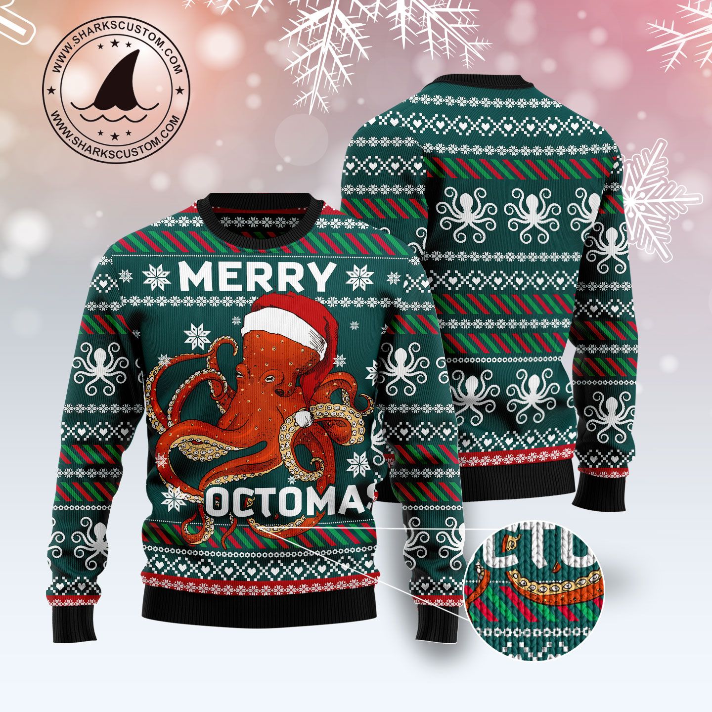Red Octopus Merry Octomas Ugly Christmas Sweater, Red Octopus With Santa Hat Christmas Ugly Sweater, Tentacles Xmas Crewneck Knitted Ugly Sweater