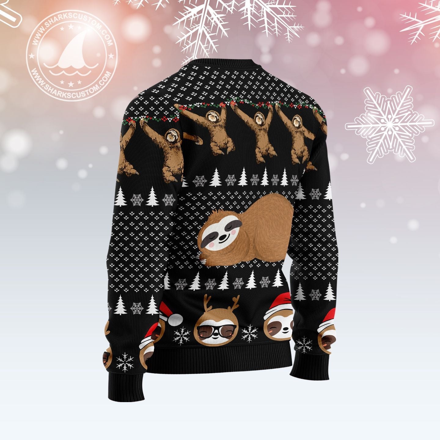 Cute Lazy Sloth Ugly Christmas Sweater, Funny Sloth All-over Printed Xmas Ugly Sweater, Christmas Hanging Sloth Crewneck Knitted Ugly Sweater