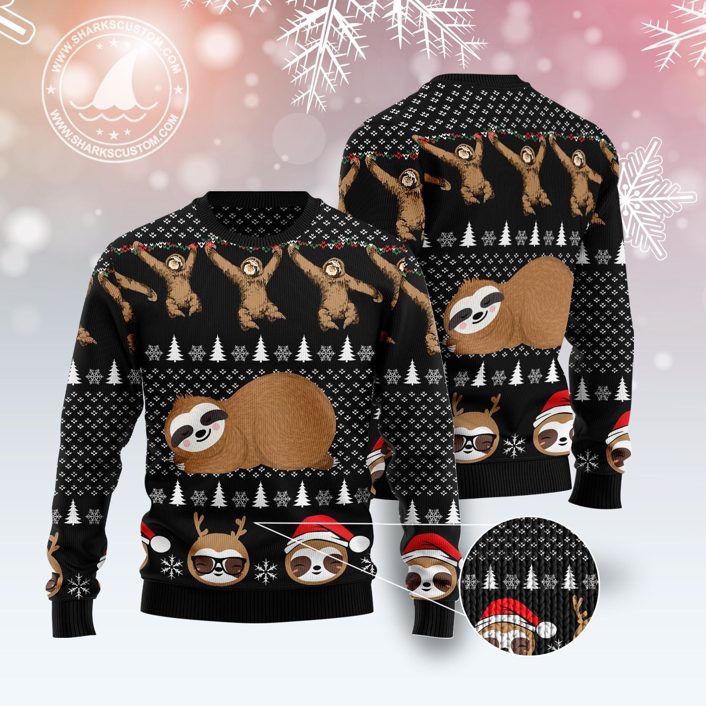 Cute Lazy Sloth Ugly Christmas Sweater, Funny Sloth All-over Printed Xmas Ugly Sweater, Christmas Hanging Sloth Crewneck Knitted Ugly Sweater