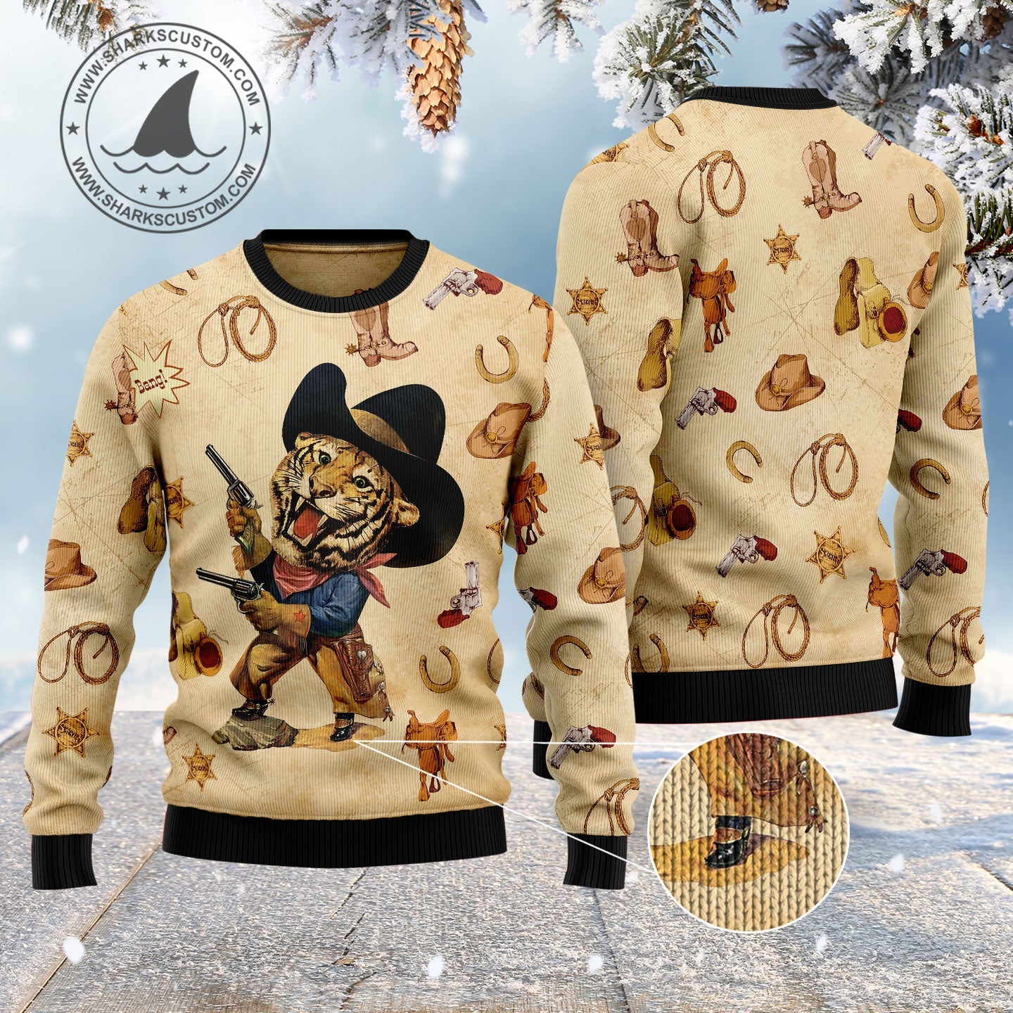 Cowboy Tiger Vintage Ugly Christmas Sweater, Funny Tiger Cowboy All-over Printed Ugly Sweater, Western Cowboy Xmas Crewneck Knitted Ugly Sweater