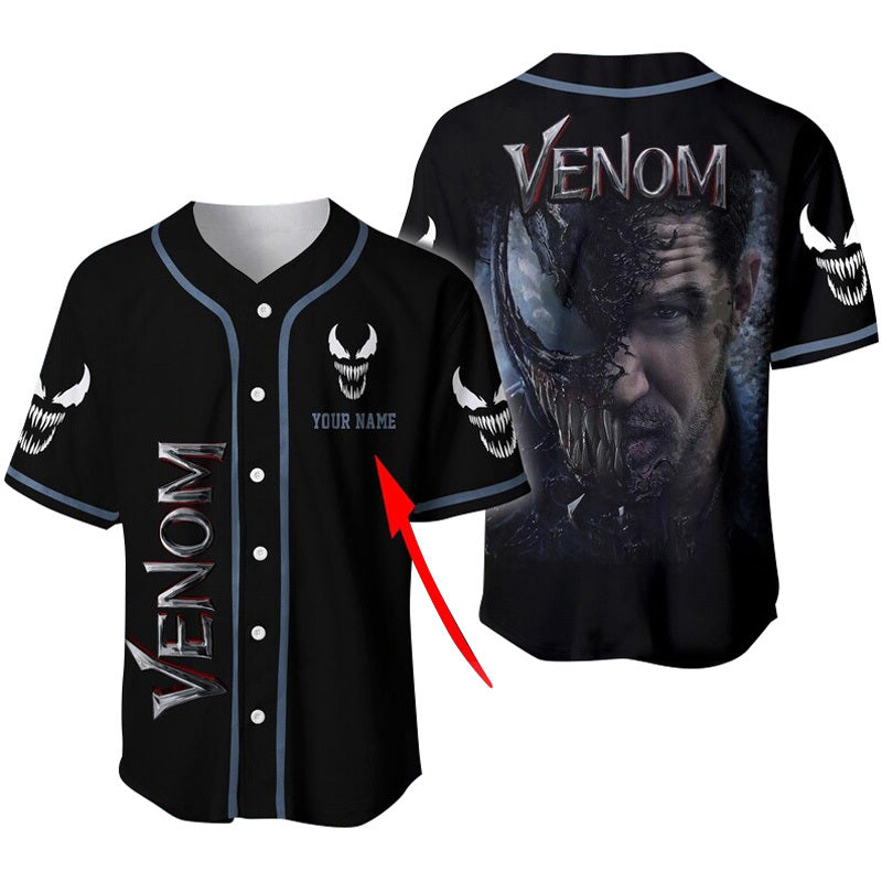 Personalized Black Venom Baseball Jersey, Venom Face 3d Baseball Jersey Shirt, Venom Eddie Brock Unisex Baseball Jersey, Venom Black Jersey Shirt