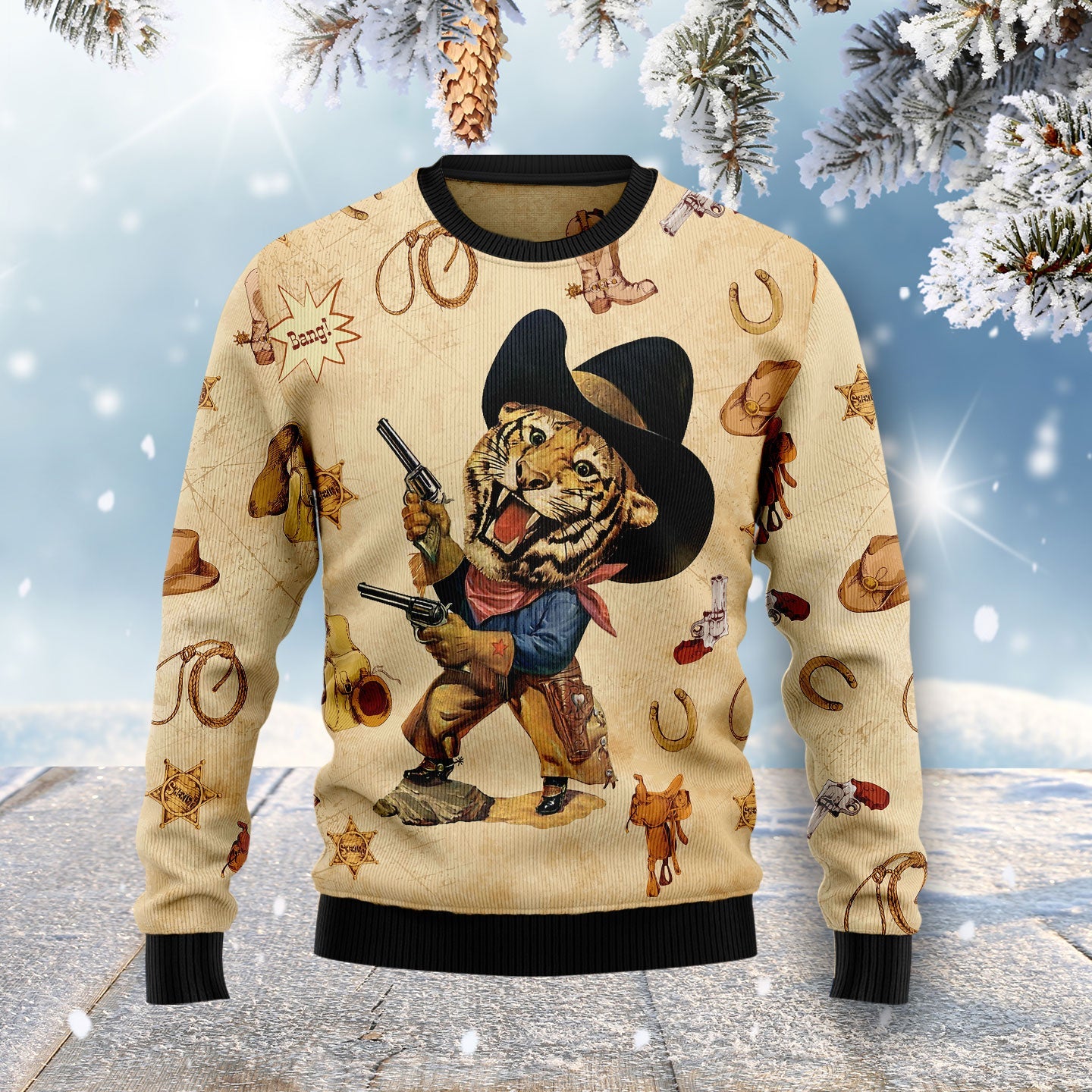 Cowboy Tiger Vintage Ugly Christmas Sweater, Funny Tiger Cowboy All-over Printed Ugly Sweater, Western Cowboy Xmas Crewneck Knitted Ugly Sweater