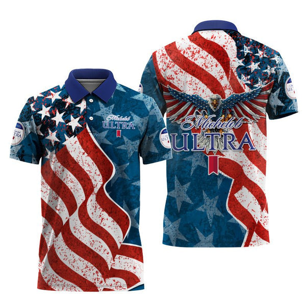 Michelob Ultra American Flag Eagle 3d Polo Shirt, Michelob Ultra Us Flag All Over Print Polo Shirt, Michelob Ultra Patriotic Men's Polo Shirt
