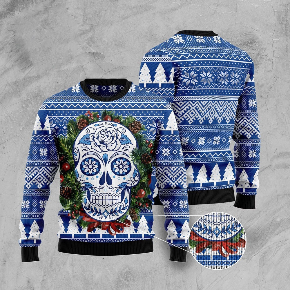 Awesome Sugar Skull Blue Ugly Xmas Sweater, Sugar Sull Xmas Wreath Knitted Ugly Sweater, Sugar Skull Xmas Pattern All-over Print Ugly Sweater