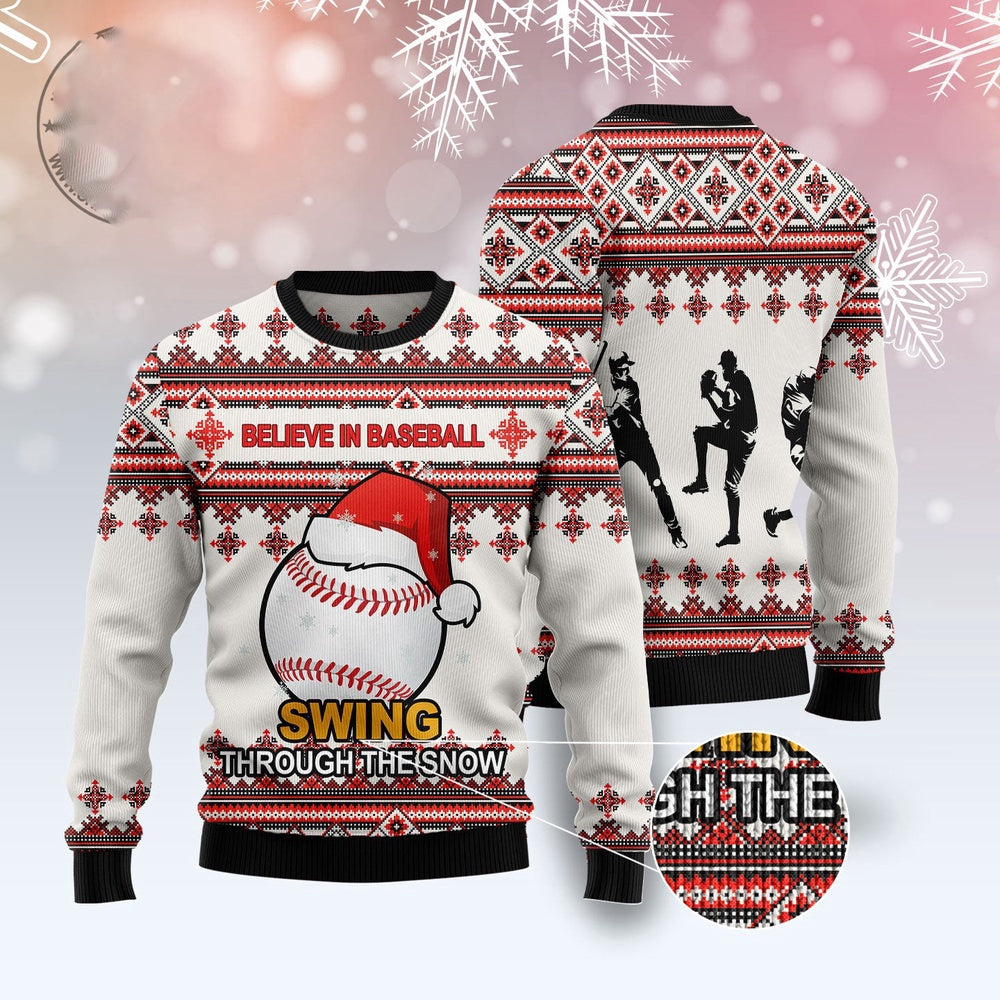 Baseball Swing Through The Snow Christmas Ugly Sweater, Believe Baseball Santa Hat Ugly Christmas Sweater, Baseball Player Knitted Ugly Sweater