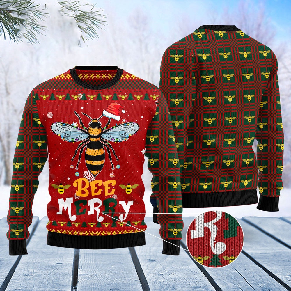 Bee Merry Christmas Red Ugly Christmas Sweater, Bee Santa Hat Xmas Pattern All Over Print Ugly Sweater, Xmas Bee Crewneck Knitted Ugly Sweater