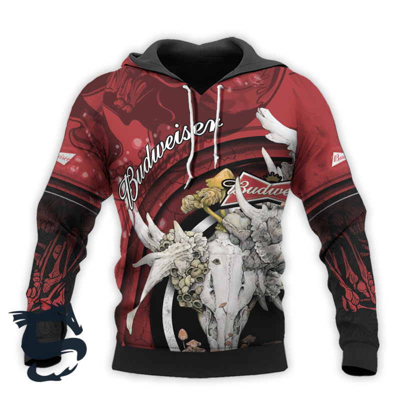 Personalized Budweiser Deer Skull With Mushrooms 3D Hoodie, Budweiser Logo Pullover Hooded Sweatshirt, Budweiser Red Prints 3D Unisex Hoodie