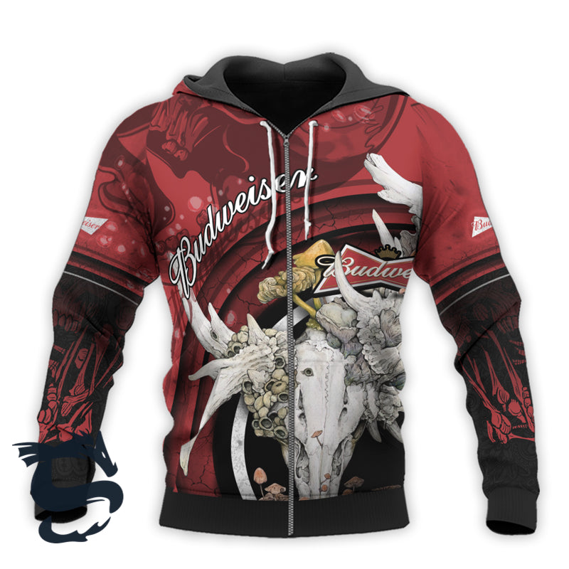 Personalized Budweiser Deer Skull With Mushrooms 3D Hoodie, Budweiser Logo Pullover Hooded Sweatshirt, Budweiser Red Prints 3D Unisex Hoodie