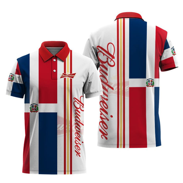 Budweiser Beer Dominican Republic Flag Polo Shirt, Republic Flag Budweiser Beer Polo Shirt, Budweiser Logo Dominican Flag Men's Polo Shirt