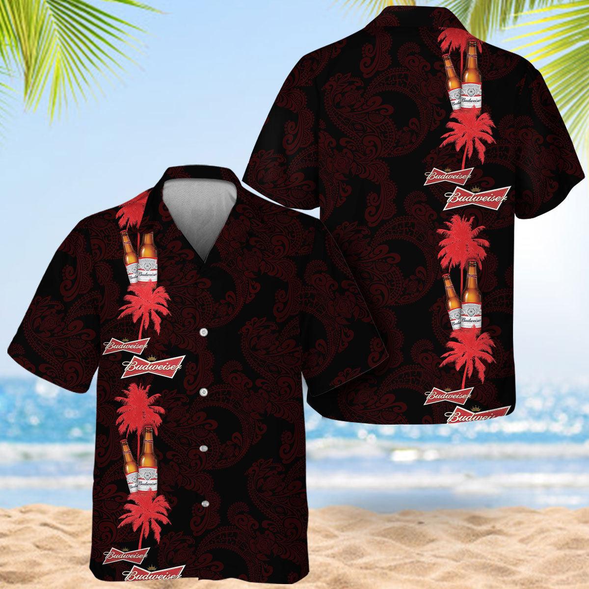 Tropical Palm Budweiser Beer Stripe Hawaiian Shirts, Red Palm Tree Budweiser Button Down Shirts, Budweiser Beer Tropical Aloha Summer Shirts