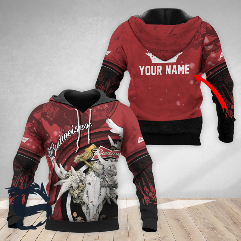 Personalized Budweiser Deer Skull With Mushrooms 3d Hoodie, Budweiser Logo Pullover Hooded Sweatshirt, Budweiser Red Prints 3d Unisex Hoodie