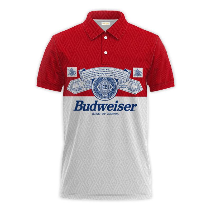 Budweiser King Of Beer Polo Shirt, Budweiser Beer Logo 3d All Over Print Polo Shirts, Red And White Budweiser Beer 3d Men's Polo Shirt