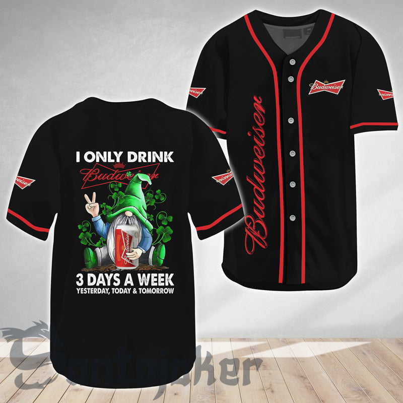 St. Patricks I Only Drink Budweiser Baseball Jersey Shirts, Patricks Gnome Budweiser Beer Baseball Jersey, Budweiser Beer Black Jersey Shirt