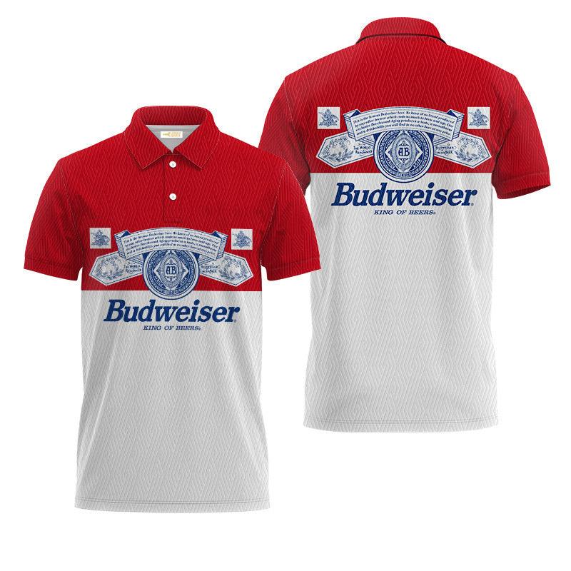 Budweiser King Of Beer Polo Shirt, Budweiser Beer Logo 3d All Over Print Polo Shirts, Red And White Budweiser Beer 3d Men's Polo Shirt