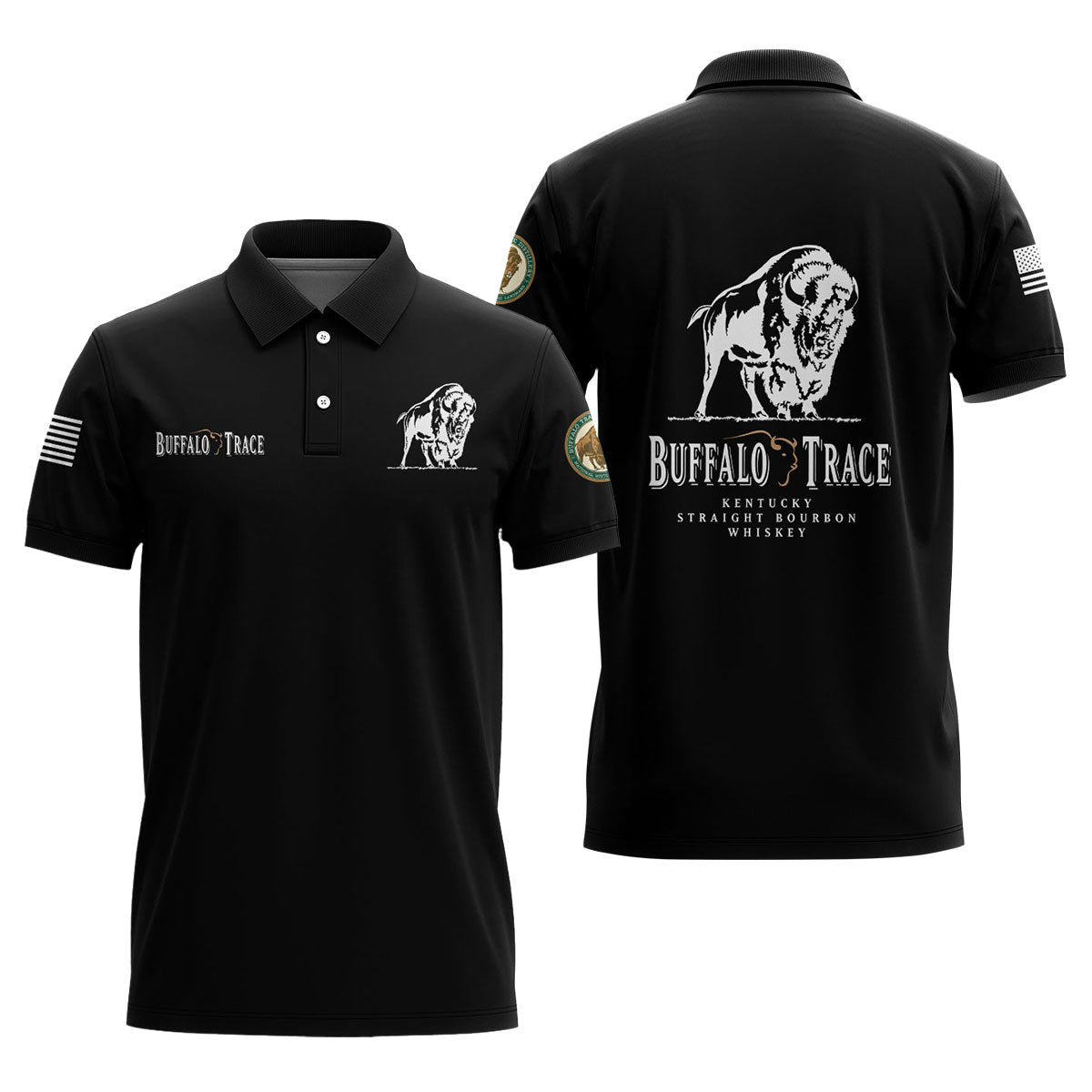 Us Flag Buffalo Trace Whiskey Black Men's Polo Shirt, Buffalo Trace Whiskey Logo Printed Black Polo Shirt, Buffalo Trace Whiskey Men's Polo Shirt