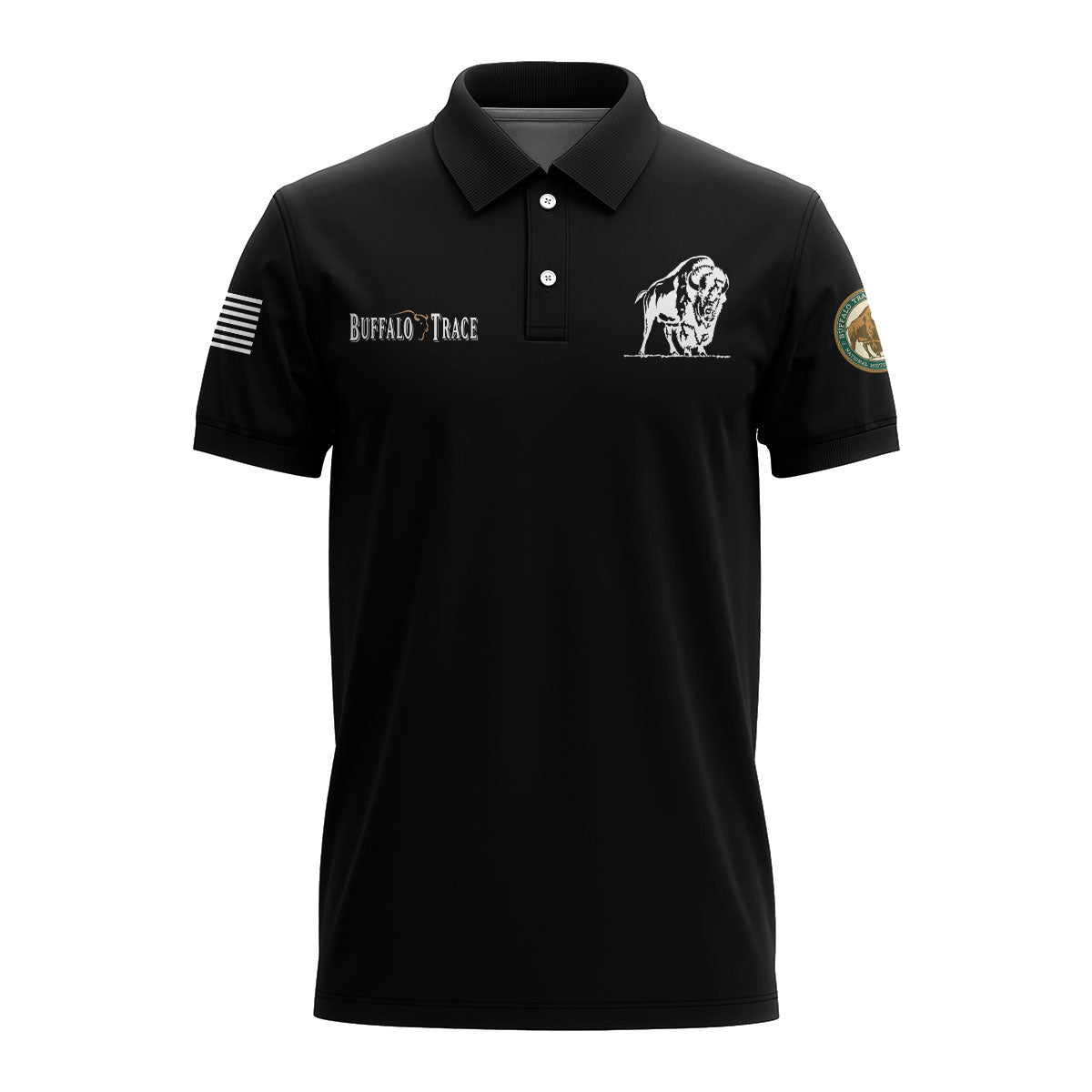 Us Flag Buffalo Trace Whiskey Black Men's Polo Shirt, Buffalo Trace Whiskey Logo Printed Black Polo Shirt, Buffalo Trace Whiskey Men's Polo Shirt