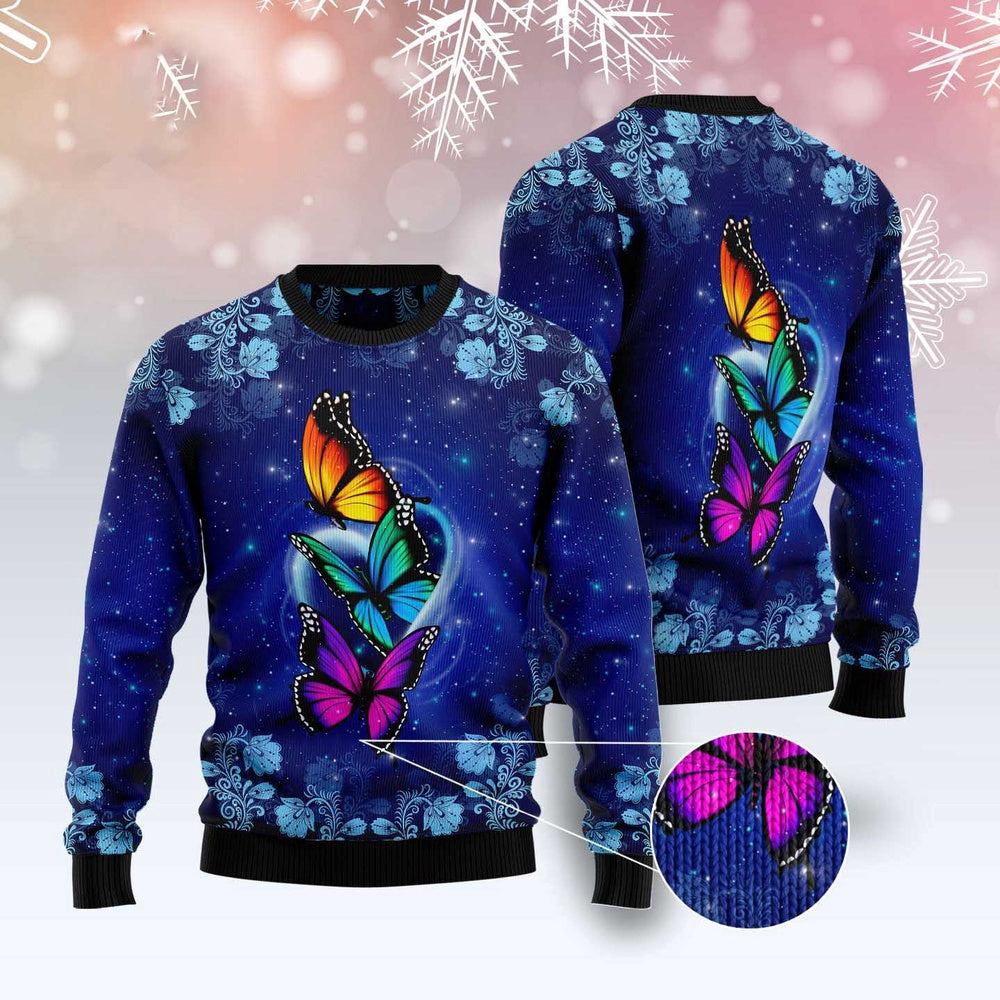 Colorful Butterfly Galaxy Ugly Christmas Sweater, Beautiful Butterfly Floral All-over Printed Blue Ugly Sweater, Butterfly Knitted Ugly Sweaters