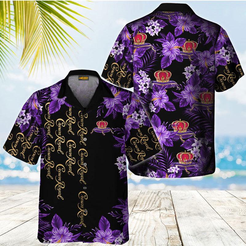 Crown Royal Tropical Purple Flowers Hawaiian Shirt, Crown Royal Hibiscus Summer Aloha Shirts, Tropical Crown Roya Button Down Hawaiian Shirts